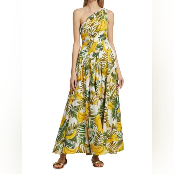 $2990 NEW OSCAR DE LA RENTA Banana-print Maxi Dress White Multi US XS